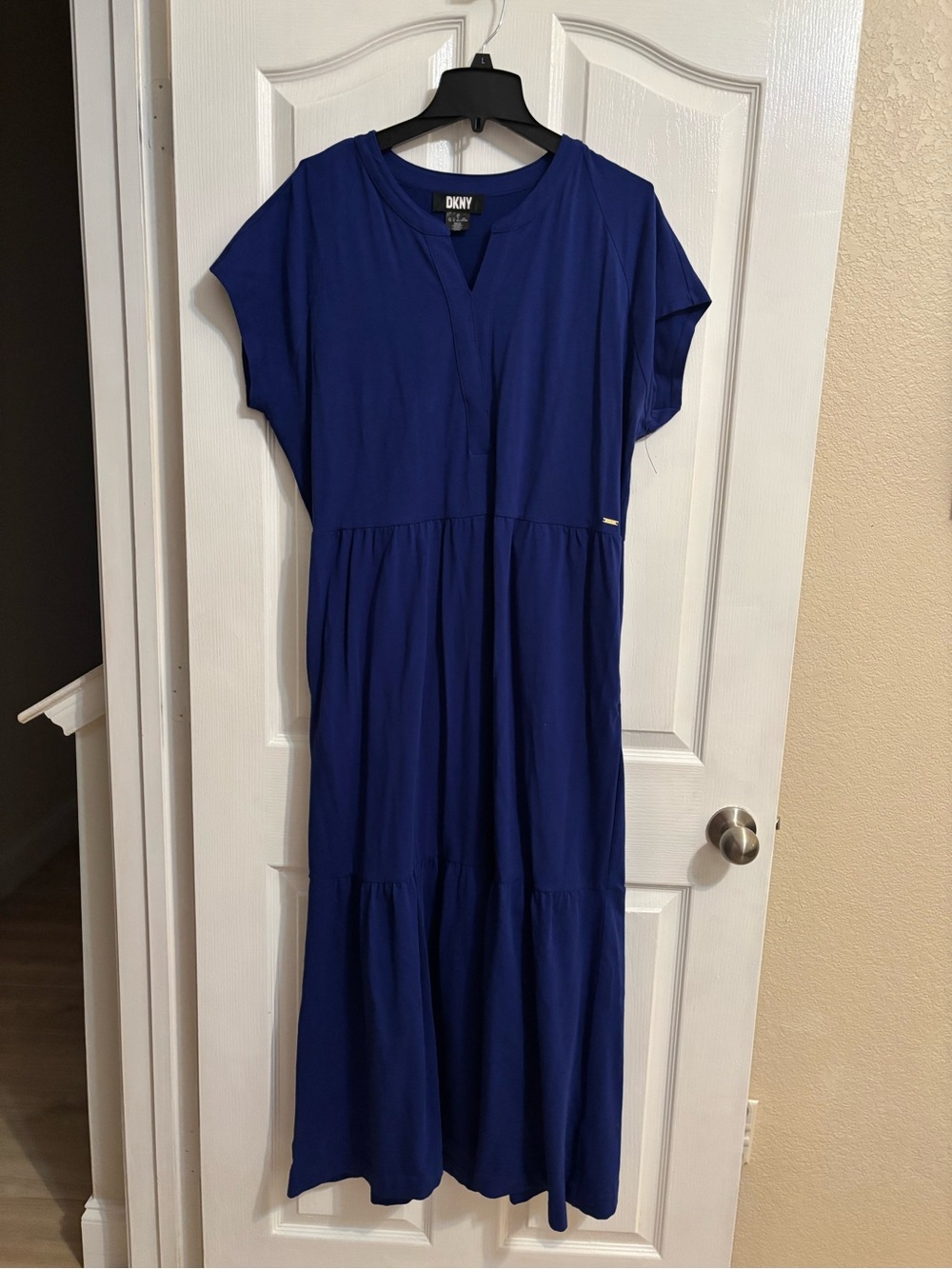 DKNY Royal Blue Cap Sleeve Tiered Maxi Dress